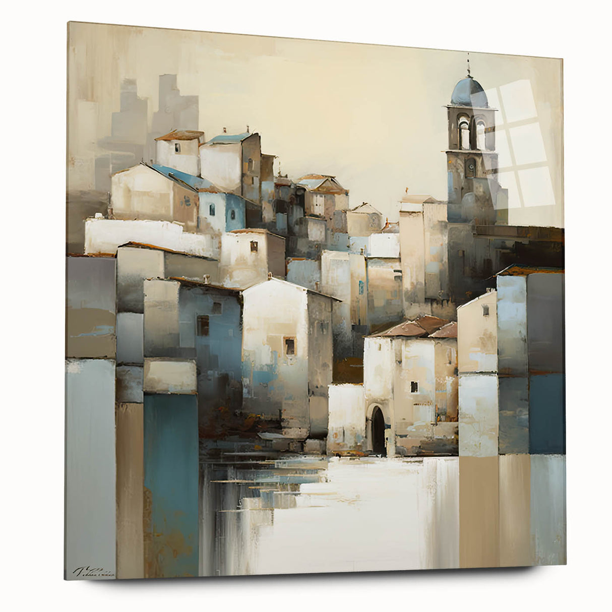 Abstract architectural wall art design displayed in a sleek acrylic glass frame, showcasing vibrant colors and modern geometric patterns, perfect for contemporary decor.
