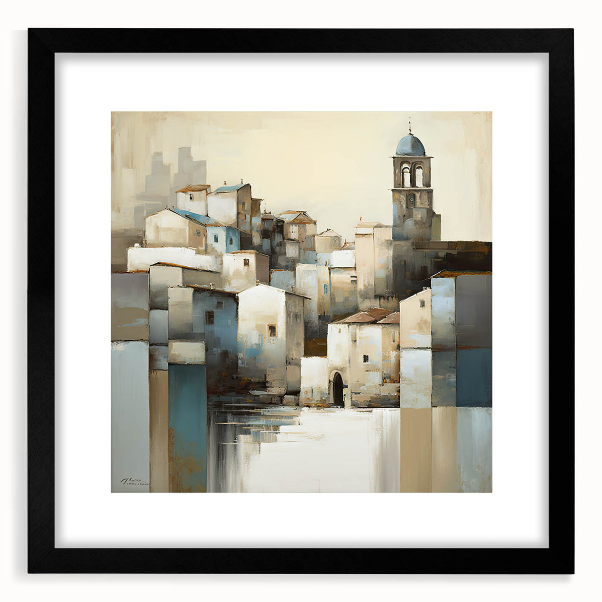 Abstract wall art depicting modern architectural elements, framed with a black mat, showcasing geometric shapes and lines, perfect for contemporary decor.