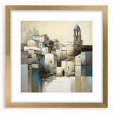 Abstract architectural wall art featuring geometric shapes in gold and white, framed with a mat, designed to enhance modern interior decor.