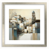 Abstract architectural wall art framed in silver, showcasing geometric shapes and soft colors, designed to enhance modern interior decor with elegance.