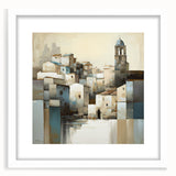 Abstract architectural wall art framed in white, showcasing geometric shapes and lines in muted colors. Ideal for modern home decor and gallery displays.