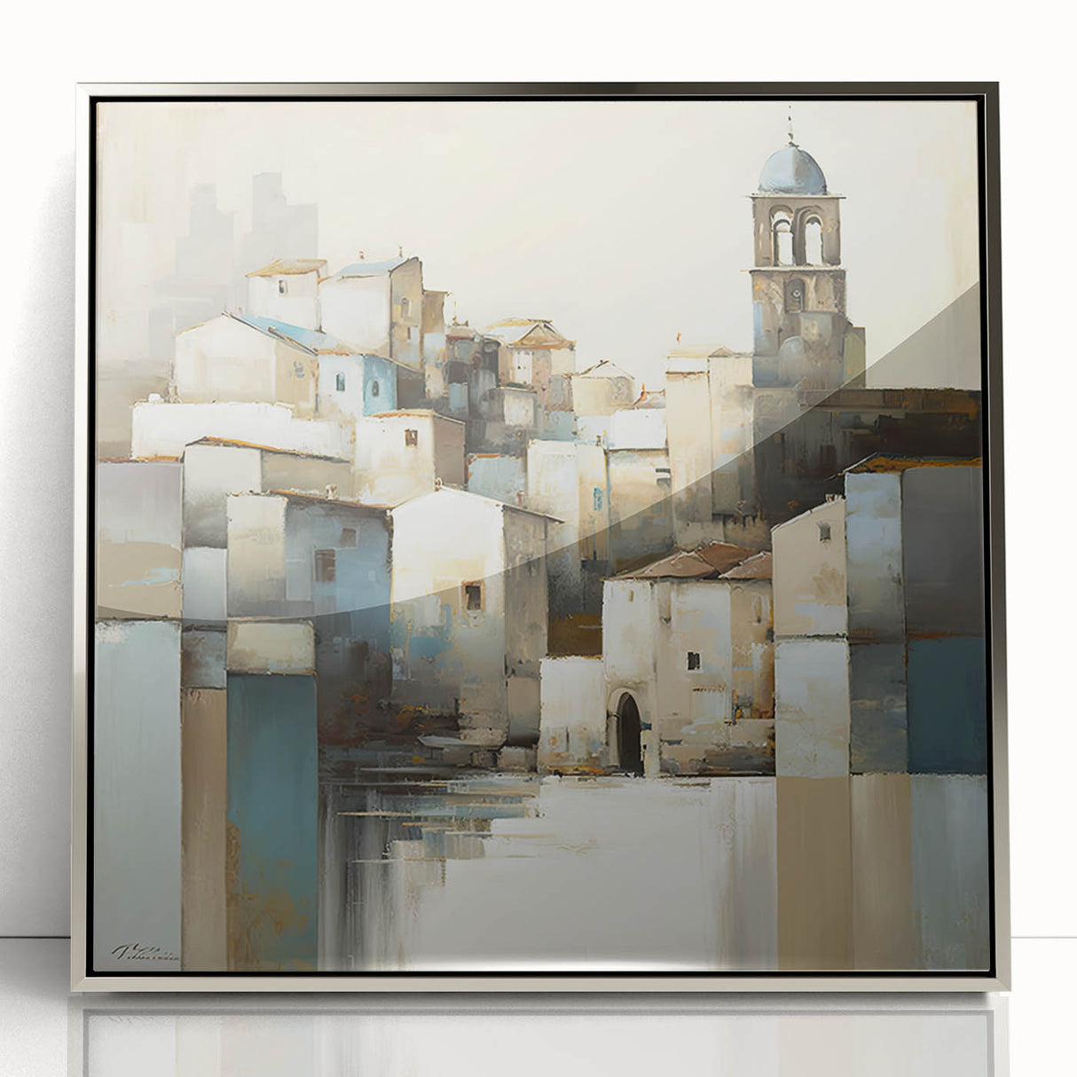 Framed abstract architecture wall art in silver acrylic, showcasing geometric shapes and modern design elements, perfect for contemporary decor.