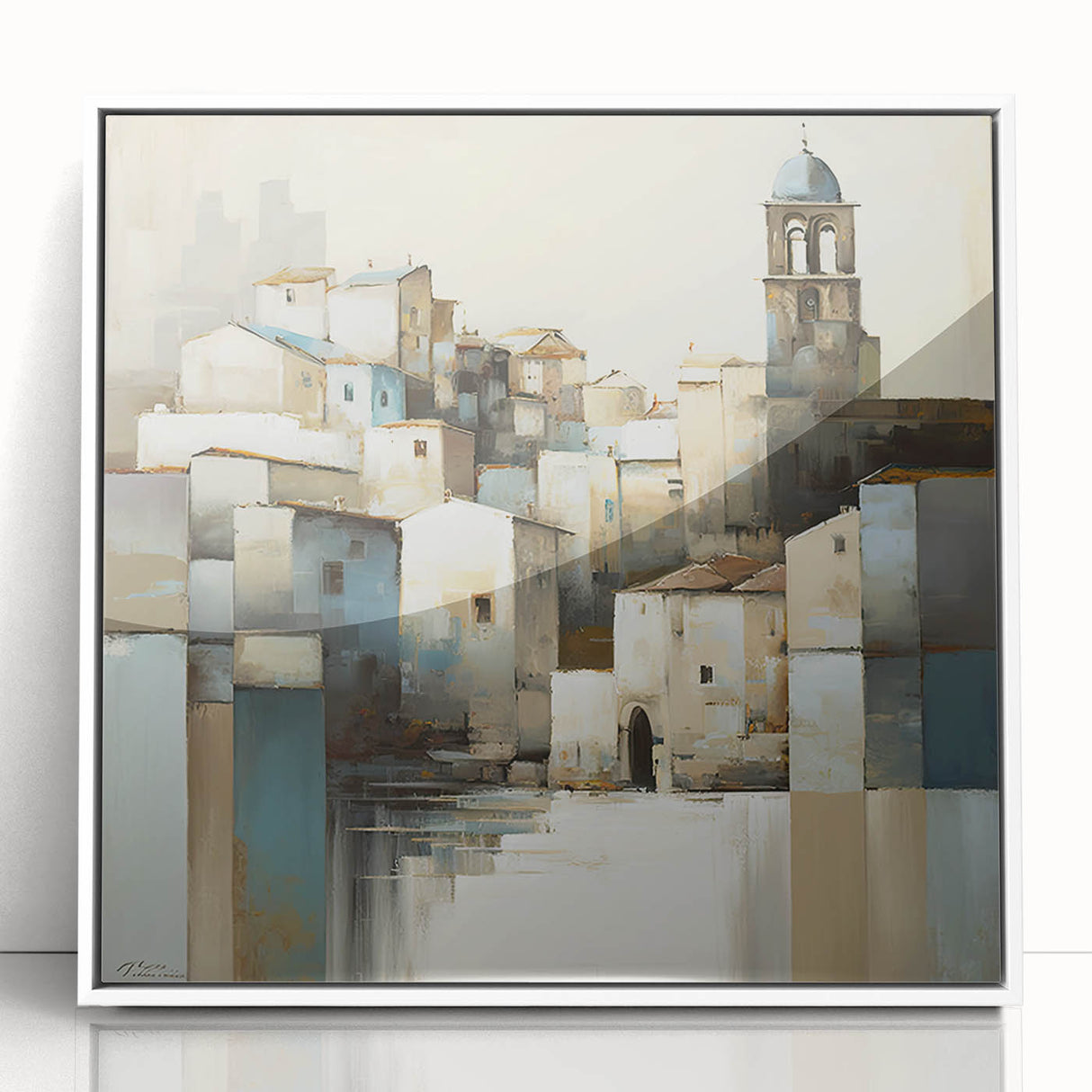 Abstract architecture wall art framed in white acrylic, showcasing geometric shapes and vibrant colors, perfect for modern home decor or office spaces.