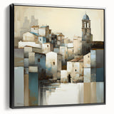 Framed abstract architecture wall art in a sleek black frame, showcasing geometric shapes and vibrant colors, perfect for modern interior decor.