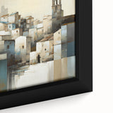Framed abstract architecture wall art in vibrant colors, showcasing geometric patterns and textures, designed to enhance modern interior decor. Close-up view emphasizes intricate details and artistic depth, perfect for adding a unique touch to living spaces.