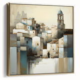 Abstract wall art featuring a modern architectural design in silver and gold tones, framed and ready for display, adding elegance to contemporary interiors.