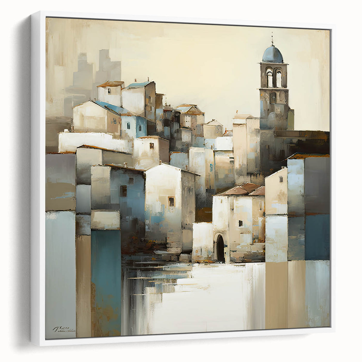 Framed wall art featuring an abstract architectural design on canvas, showcasing bold geometric shapes in white tones, displayed from a side view for dimension.
