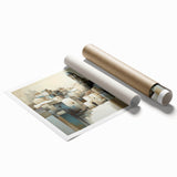 Abstract architectural wall art print featuring geometric shapes in muted tones of blue and beige, rolled and ready for display in a stylish setting. This piece adds modern elegance to any interior decor, appealing to design enthusiasts.