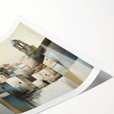 Abstract architecture wall art print showcasing geometric shapes in vibrant colors, rolled and ready for display, highlighting modern design aesthetics. Perfect for contemporary decor enthusiasts.