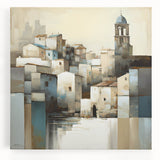 Abstract architectural wall art on stretched canvas, showcasing a modern geometric design in vibrant colors. Ideal for contemporary home decor, enhancing any space with artistic flair.