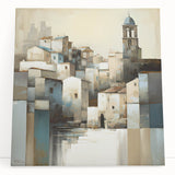 Abstract architectural wall art stretched on canvas, showcasing geometric shapes and vibrant colors, leaning against a neutral wall, perfect for modern decor.