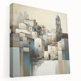 Abstract architectural wall art on stretched canvas showcasing geometric shapes in vibrant colors, displayed from a side view, perfect for modern home decor.