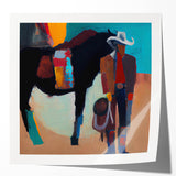 Abstract figurative wall art print displayed in a glossy mockup, showcasing vibrant colors and dynamic shapes on a modern background, perfect for home decor.