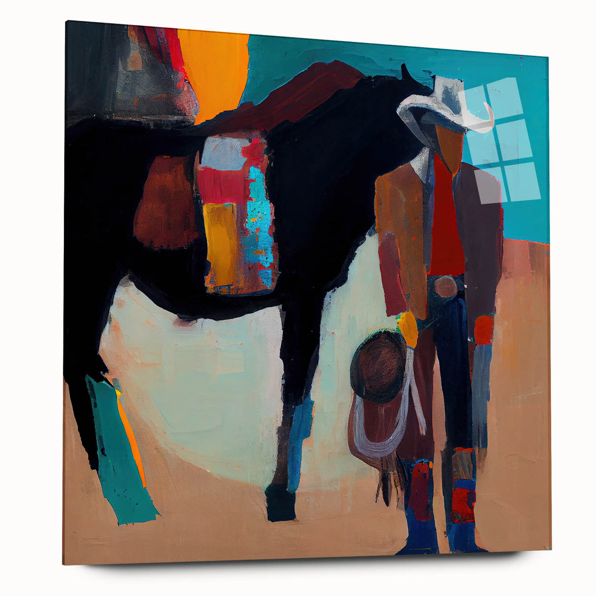 Abstract figurative wall art displayed in a sleek acrylic glass frame, showcasing vibrant colors and fluid shapes, perfect for modern home decor.