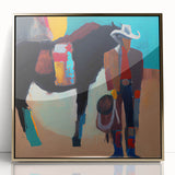 Abstract figurative wall art with a gold-accented frame, showcasing vibrant colors and dynamic shapes, perfect for modern home decor or office spaces.