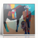 Framed abstract figurative wall art featuring bold colors and modern design, displayed in a sleek white frame, perfect for contemporary home decor.