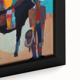 Close-up of abstract figurative wall art canvas featuring vibrant colors and intricate textures, elegantly framed, ideal for modern home decor.