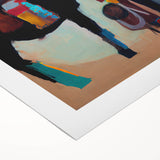 Abstract figurative wall art on rolled canvas showcasing vibrant colors and dynamic shapes, perfect for modern decor. It highlights a bold, contemporary design ideal for enhancing living spaces.