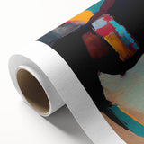 Abstract figurative wall art on rolled canvas showcasing vibrant colors and dynamic shapes, designed to enhance modern home decor, packaged securely in a cardboard tube for safe delivery.