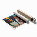 Abstract figurative wall art print showcasing vibrant colors and dynamic shapes, rolled for easy shipping, ideal for modern home decor and artistic expression.