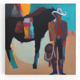 Abstract figurative wall art on stretched canvas, showcasing vibrant colors and dynamic shapes, ideal for modern home decor, enhancing any living space.