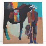 Abstract figurative wall art on stretched canvas featuring bold colors and dynamic shapes, leaning against a neutral wall, ideal for contemporary decor.