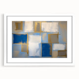 Abstract geometric frame in a modern white mat, showcasing a striking design with bold shapes and colors, ideal for contemporary home decor or art displays.