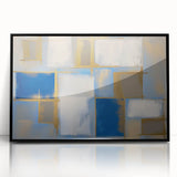 Abstract geometric art piece in a sleek black frame, showcasing sharp lines and vibrant colors, ideal for modern home decor or office styling.