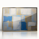 Abstract geometric framed acrylic artwork in gold tones, showcasing intricate patterns and textures, ideal for modern home decor or office spaces.
