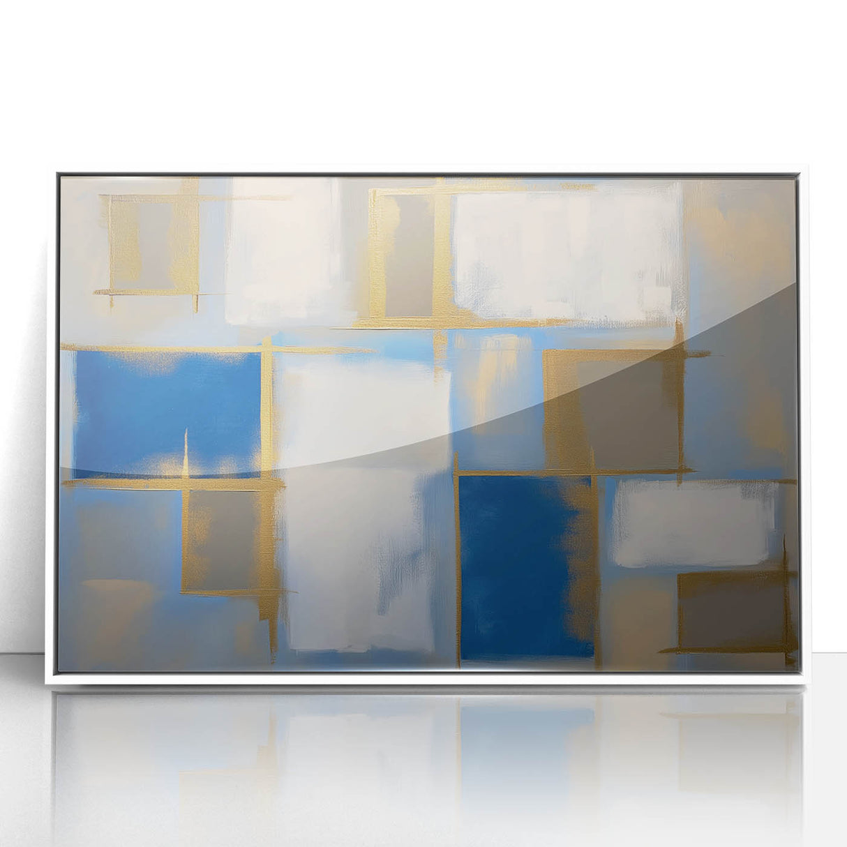 Framed abstract geometric artwork in white acrylic, showcasing a modern design with sharp angles and vibrant colors, perfect for contemporary home decor.