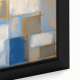 Close-up of a modern abstract geometric canvas art piece featuring vibrant colors and intricate patterns, showcasing a unique decorative element for contemporary interiors.