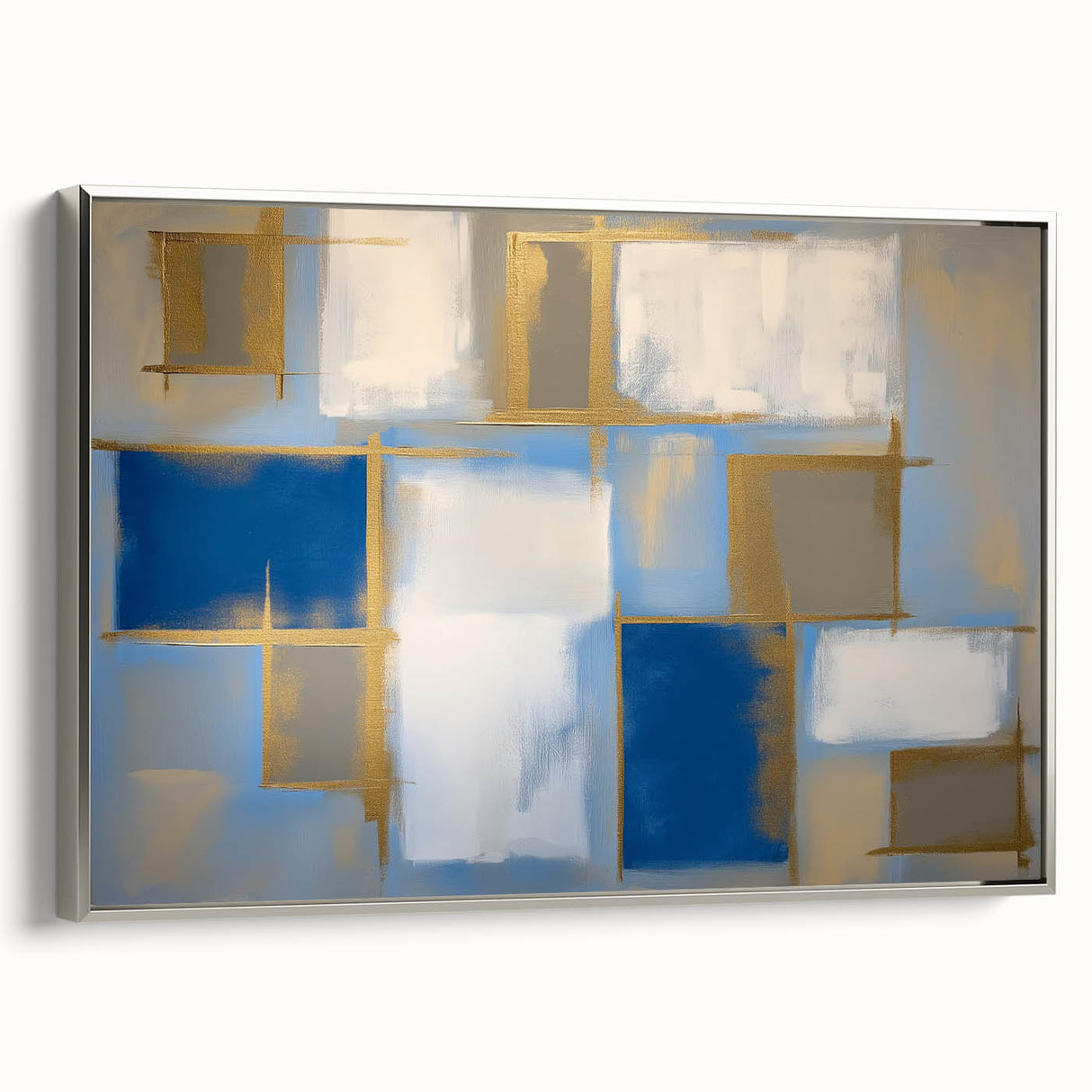 Abstract geometric framed canvas artwork in silver, showcasing intricate shapes and modern design elements, set against a neutral background for contemporary decor.