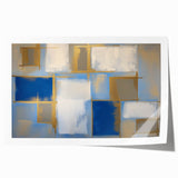 Abstract geometric rolled print showcasing vibrant orange, blue, and green shapes with intricate patterns, designed for modern home decor, packaged securely.