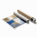 Abstract geometric rolled print showcasing vibrant colors and intricate shapes, elegantly packaged in a protective cardboard tube, ideal for modern home decor.