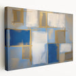 Abstract geometric design on stretched canvas with vibrant blue, yellow, and gray colors, showcasing a modern artistic flair, perfect for contemporary decor.