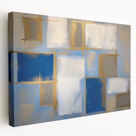 Abstract geometric design on stretched canvas with vibrant blue, yellow, and gray colors, showcasing a modern artistic flair, perfect for contemporary decor.