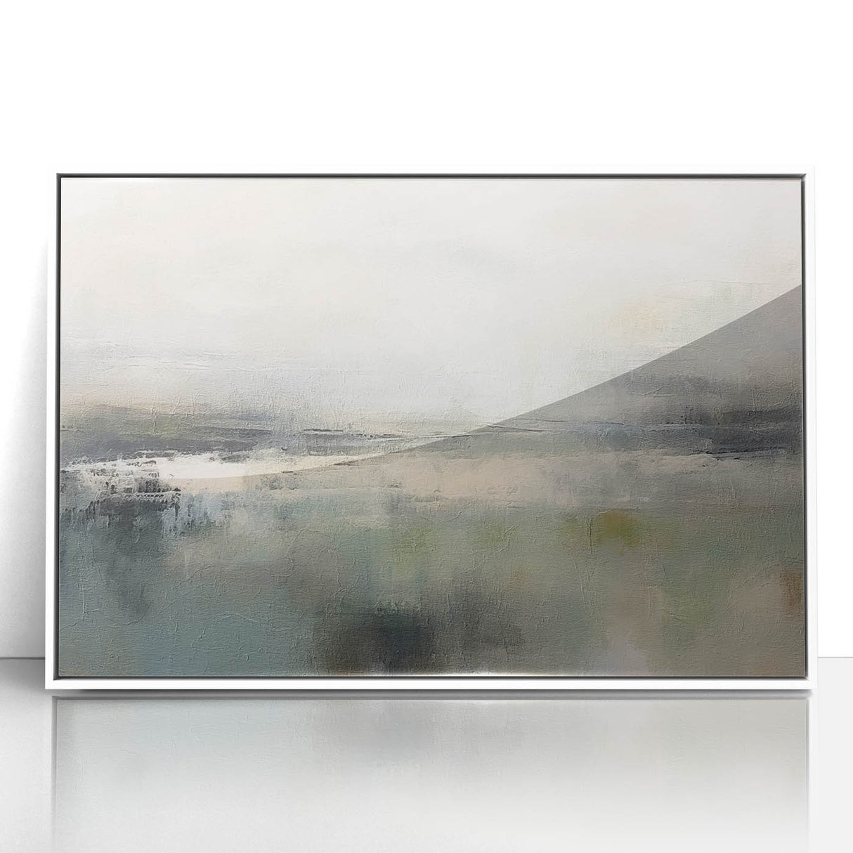 Framed abstract landscape wall art in white acrylic, showcasing vibrant colors and fluid shapes, perfect for modern home decor and enhancing interior spaces.