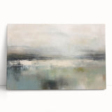 Abstract landscape wall art on stretched canvas, showcasing vibrant colors and fluid shapes, leaning against a neutral wall, adding modern decor to any space.