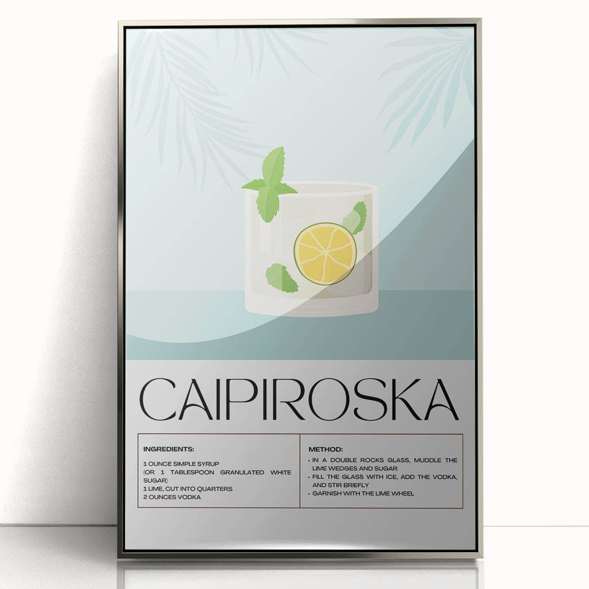 Art deco poster featuring a stylized cocktail glass in silver and black, acrylic framed, ideal for modern bar area decor.