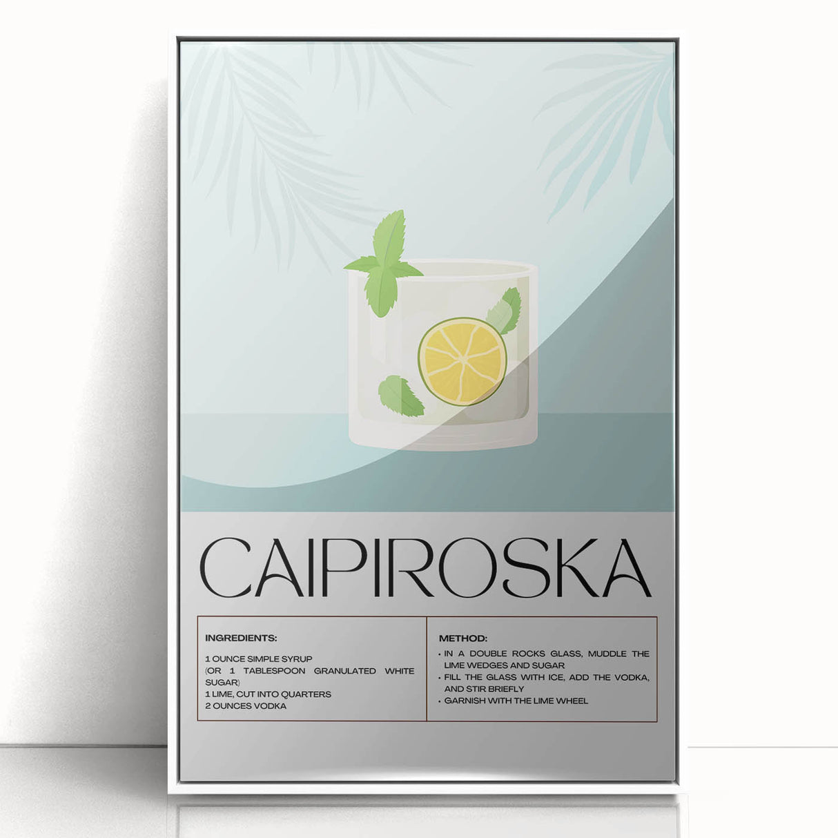 Framed acrylic print of a mid-century modernist food and drinks illustration in pastel shades, ideal for kitchen wall art.