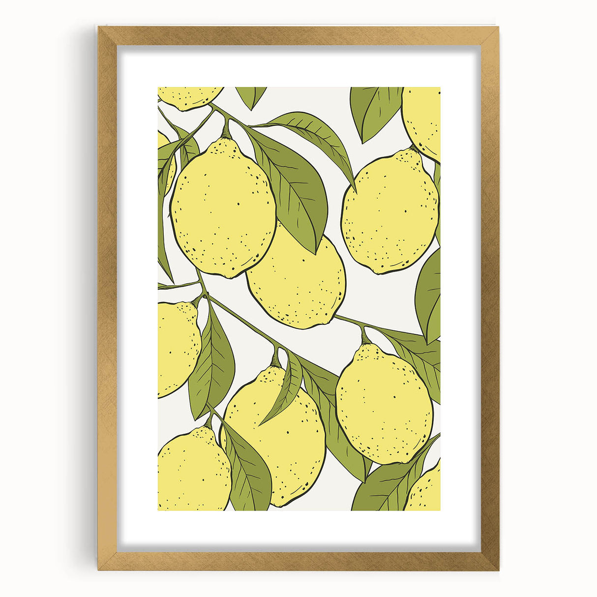 Extra large abstract art print featuring textured fruits in vibrant colors, framed in gold, ideal for living room decor.