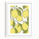 Abstract art print featuring assorted fruits in vibrant colors on a white framed mat, ideal for dining room decor.