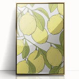 Large art print of assorted fruits in vibrant colors on a gold-framed acrylic, in mid-century modernist style.
