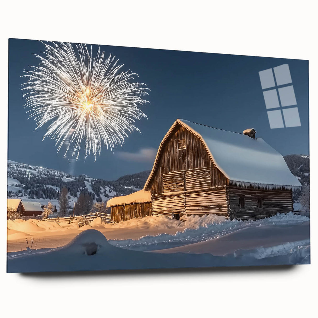 Side view of a modern landscape barn design on acrylic glass, showcasing vibrant colors and sharp details, suitable for contemporary home decor.