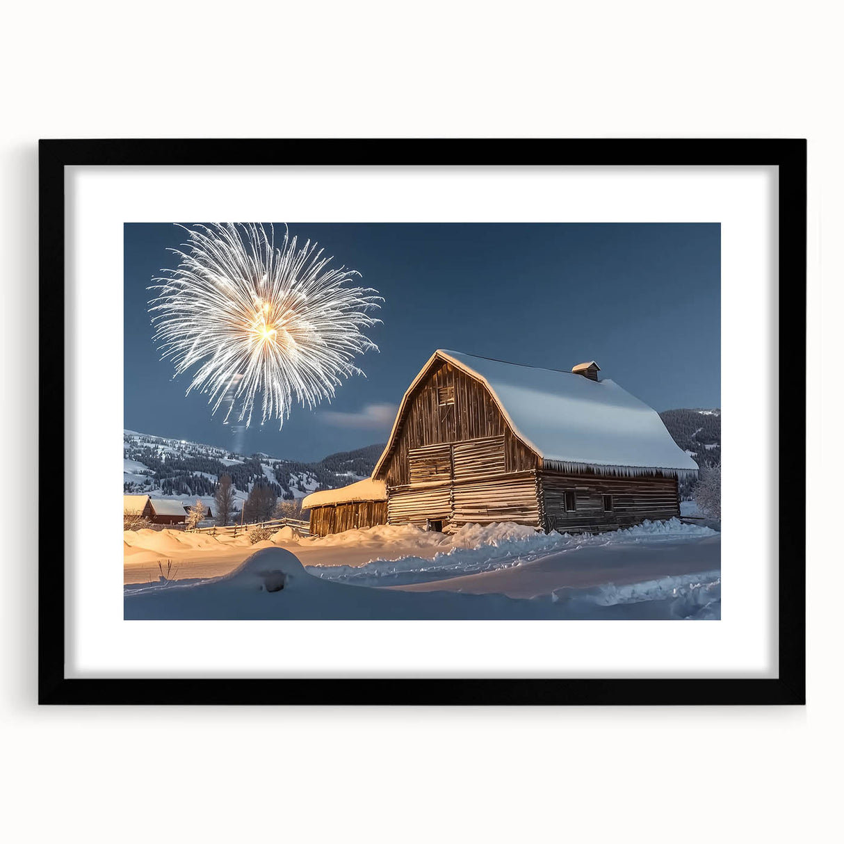 Black-framed landscape barn design artwork showcasing rich textures and intricate details, perfect for rustic home decor or modern aesthetics.