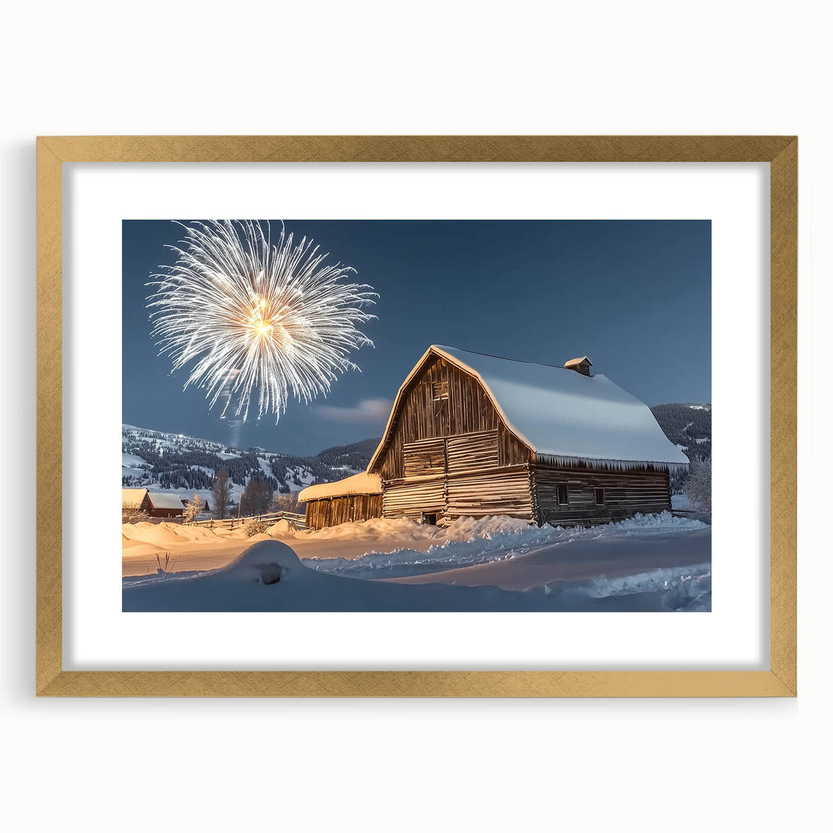 Elegant landscape barn frame with a gold mat, showcasing a striking front view. Ideal for home decor, this sophisticated design enhances any interior aesthetic.