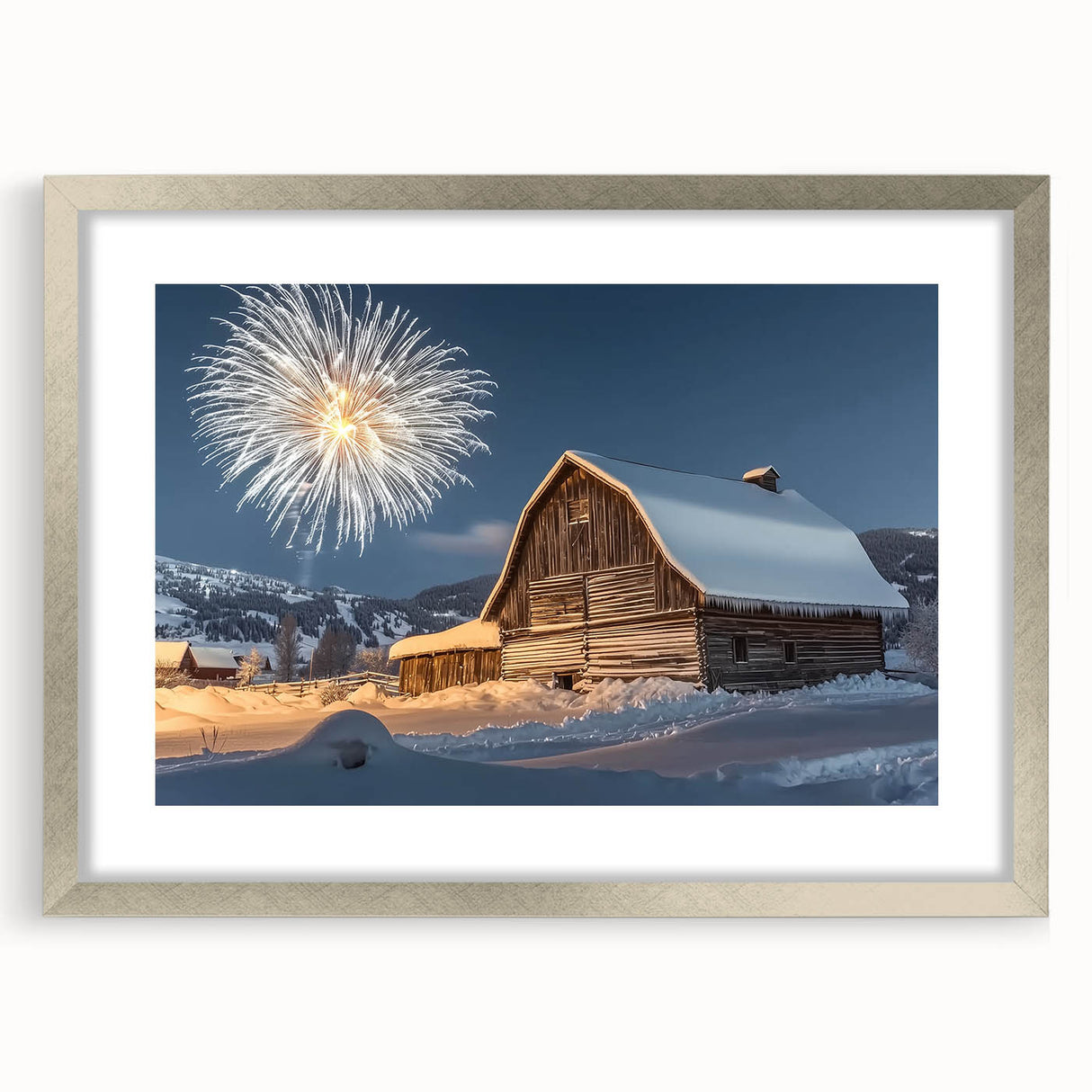 Barn frame design in landscape orientation, featuring a sleek silver mat, showcasing a modern aesthetic suitable for home decor or office spaces. The frame enhances artwork presentation with its minimalistic style, making it ideal for contemporary interiors.