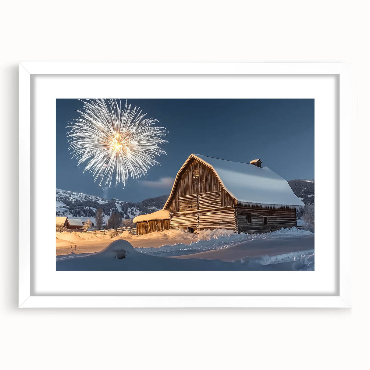Elegant landscape barn frame in a white mat, showcasing a rustic design that enhances any home decor. Ideal for framing cherished memories or art.