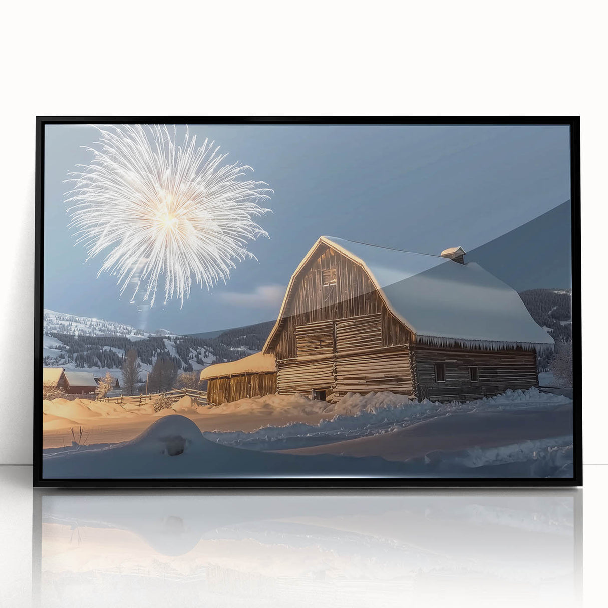 Black-framed acrylic landscape artwork depicting a serene barn scene, showcasing vibrant colors and detailed textures, ideal for home or office decoration.