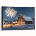 Barn-themed landscape canvas print in a black frame, showcasing vibrant colors and detailed imagery, ideal for rustic home decor. Perfect for enhancing living spaces.